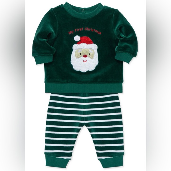 Little Me 2 Piece Pant Set “My First Christmas” Santa Velour Green - Picture 1 of 8